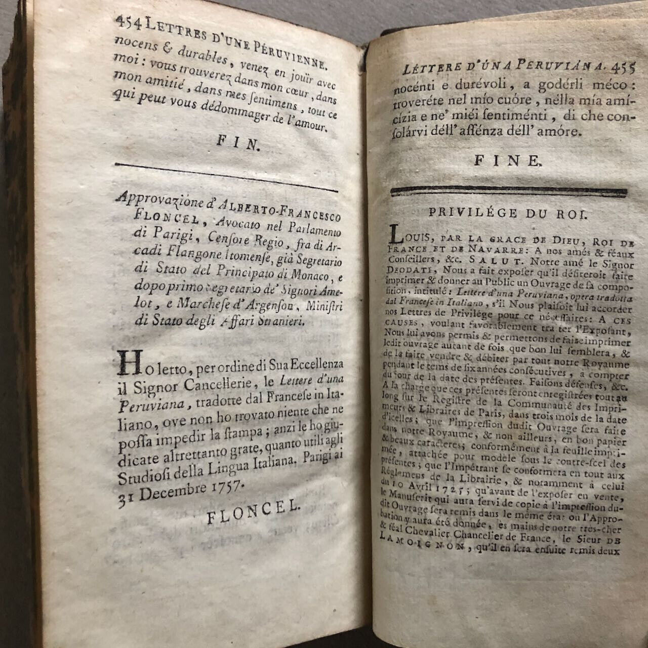 Graffigny — Lettres d'une péruvienne — bilingue italien trad. Deodati — Duchesne