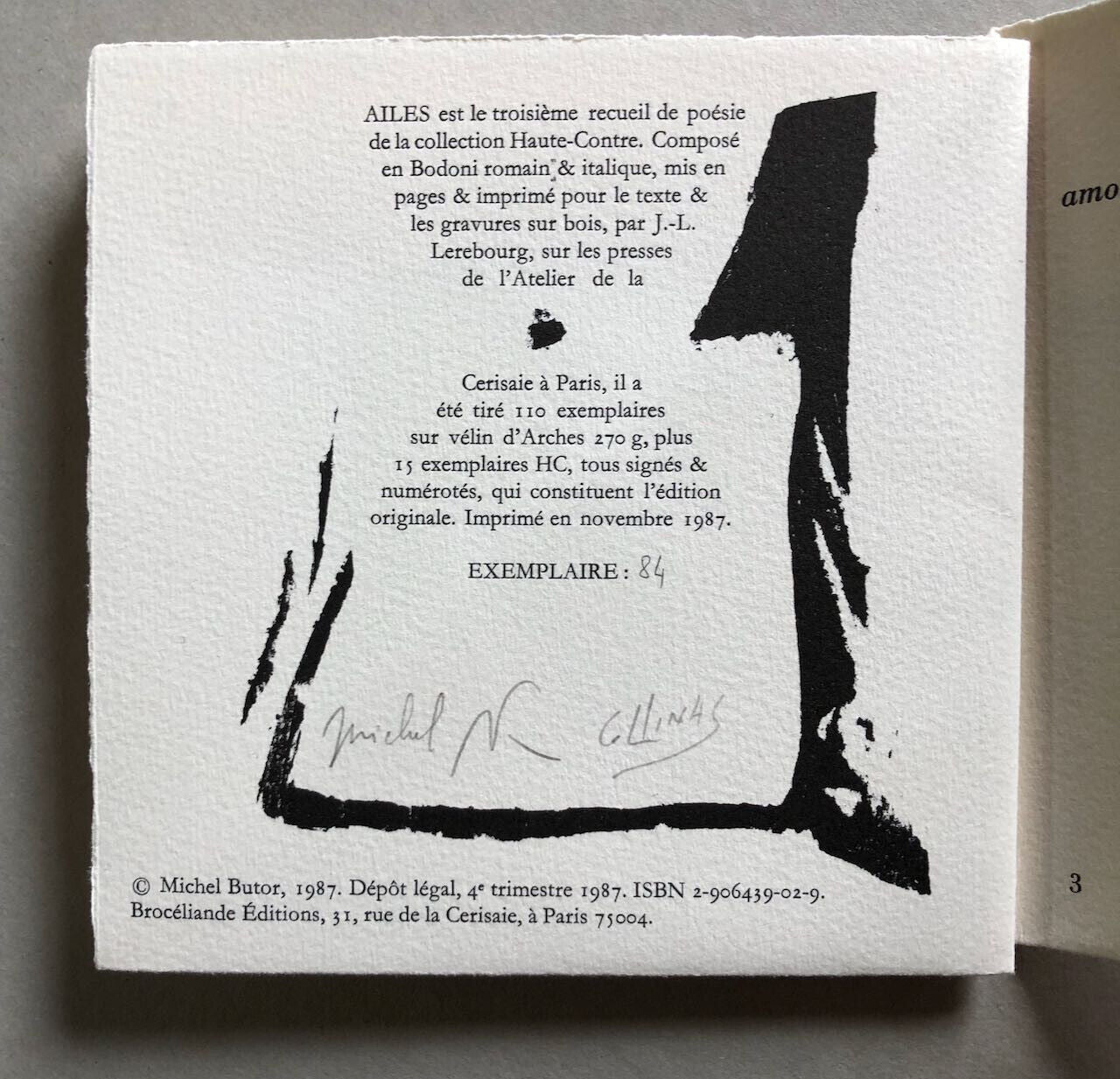 Michel Butor & Guido Llinas — Ailes — envoi autographe — Brocéliande — 1987.
