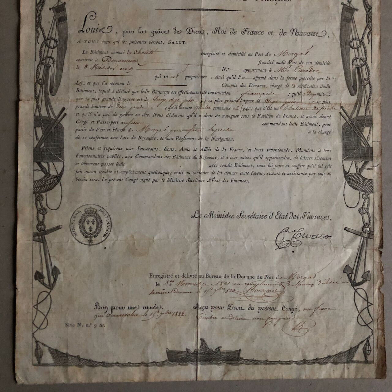 Congé des bâtiments de commerce français — douanes maritimes — Douarnenez — 1821