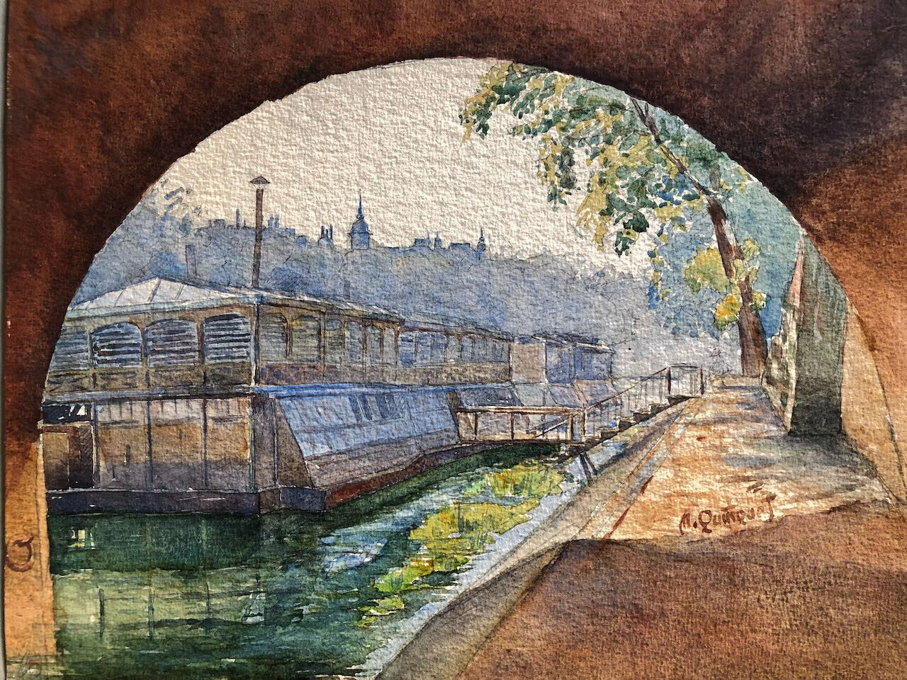 M. Quinquet — péniche sur les quais de Seine — aquarelle sur papier — c. 1925.