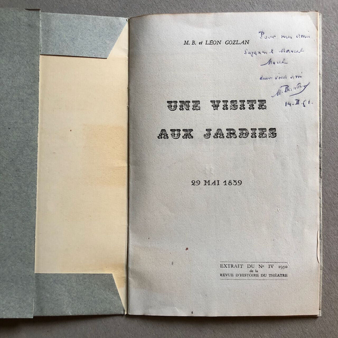 Léon Gozlan/ Marcel Bouteron — Une Visite aux Jardies — envoi autographe + carte