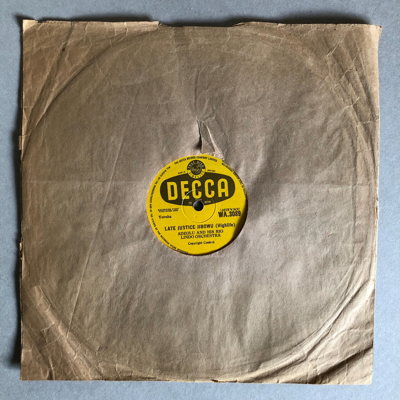 Adeolu & his Rio Lindo orchestra — Late Justice Jibowu (Highlife) — Decca WA3089