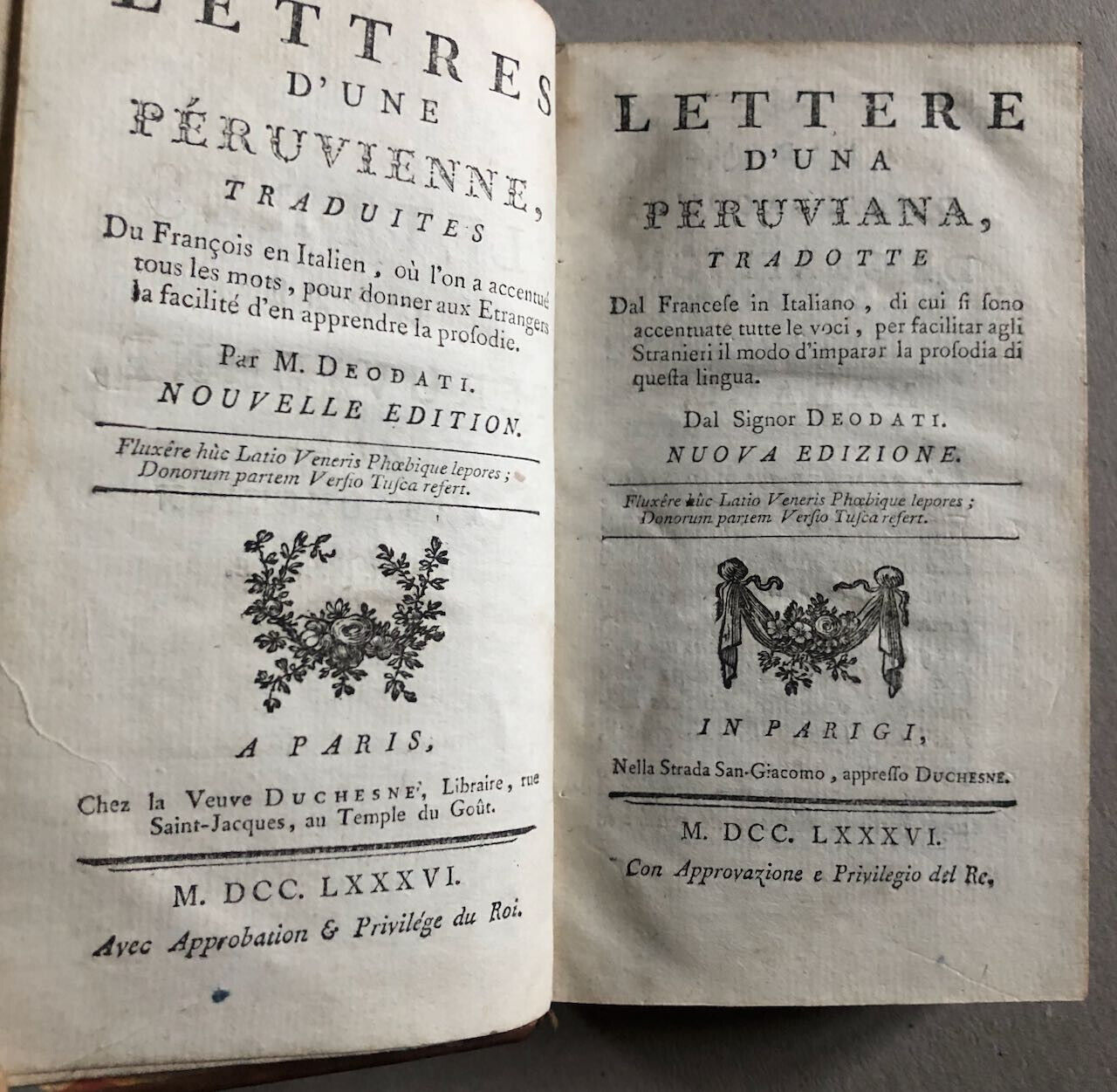 Graffigny — Lettres d'une péruvienne — bilingue italien trad. Deodati — Duchesne