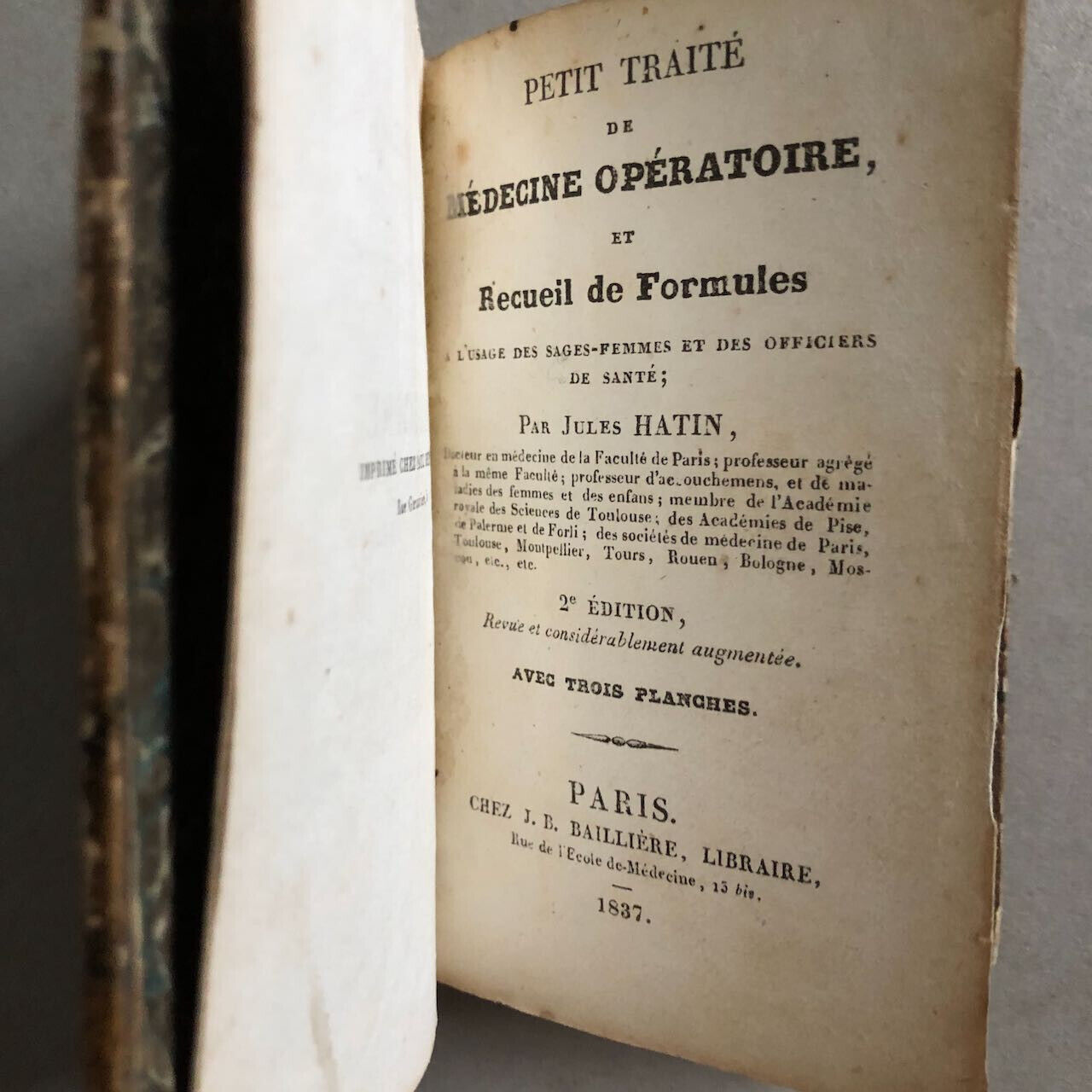 Jules Hatin — Médecine opératoire — 3 pl. dépliantes — Baillière — 1837.