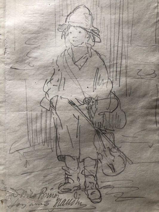 Bernard Naudin — Le petit Violoniste — dessin à la mine de plomb signé + envoi.