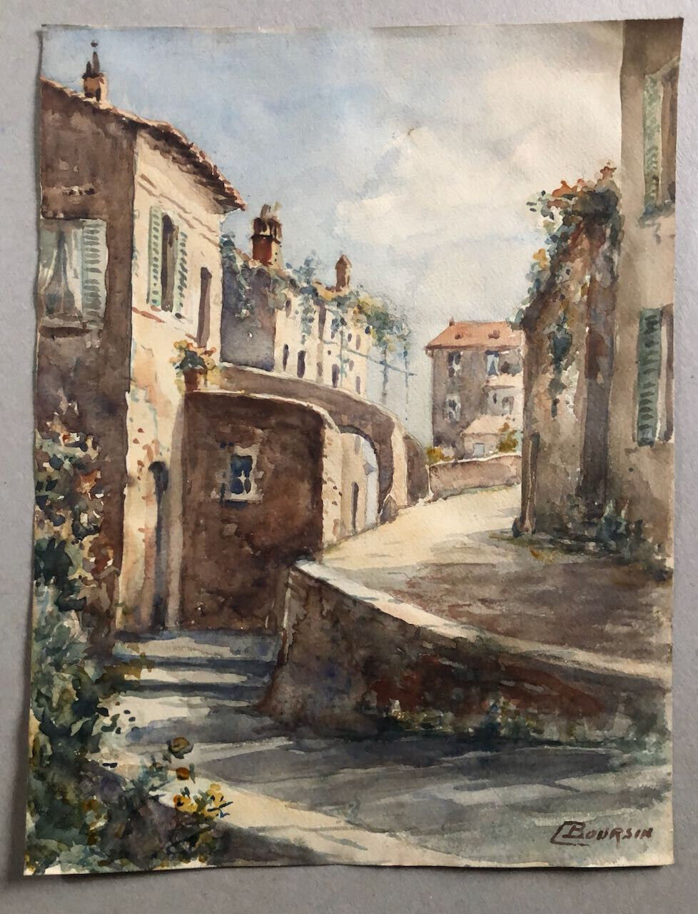 Édouard Boursin — ruelle dans une ville méridionale — aquarelle signée