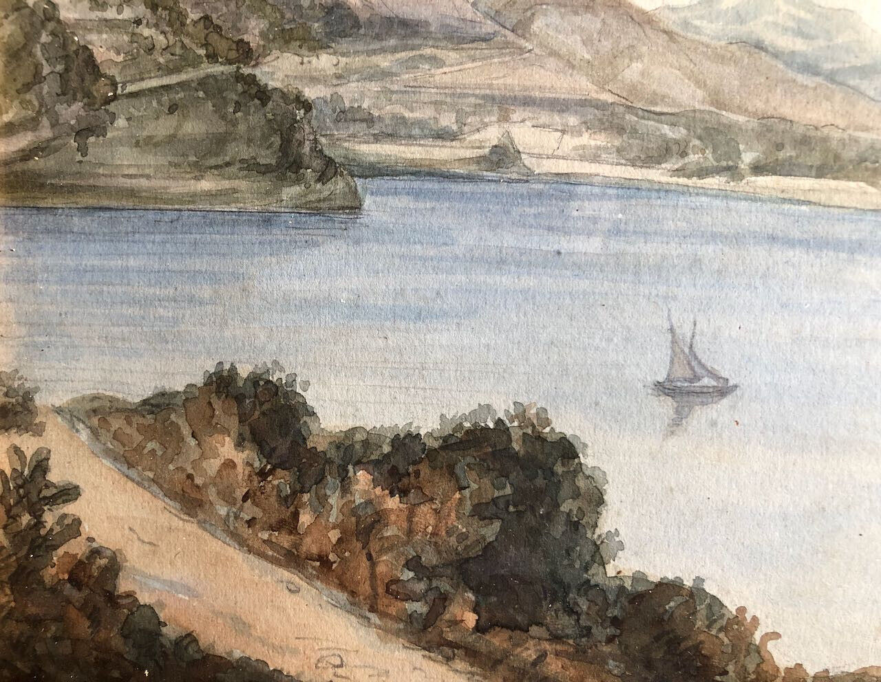 Côte méditerranéenne de Roquebrune à Bordhigera — aquarelle signée & datée 1861.