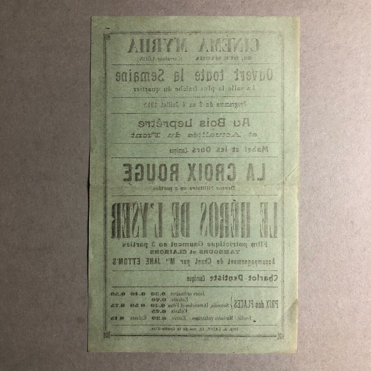 Cinéma Myrha — programme de cinéma / flyer — Charlot dentiste — juillet 1915.