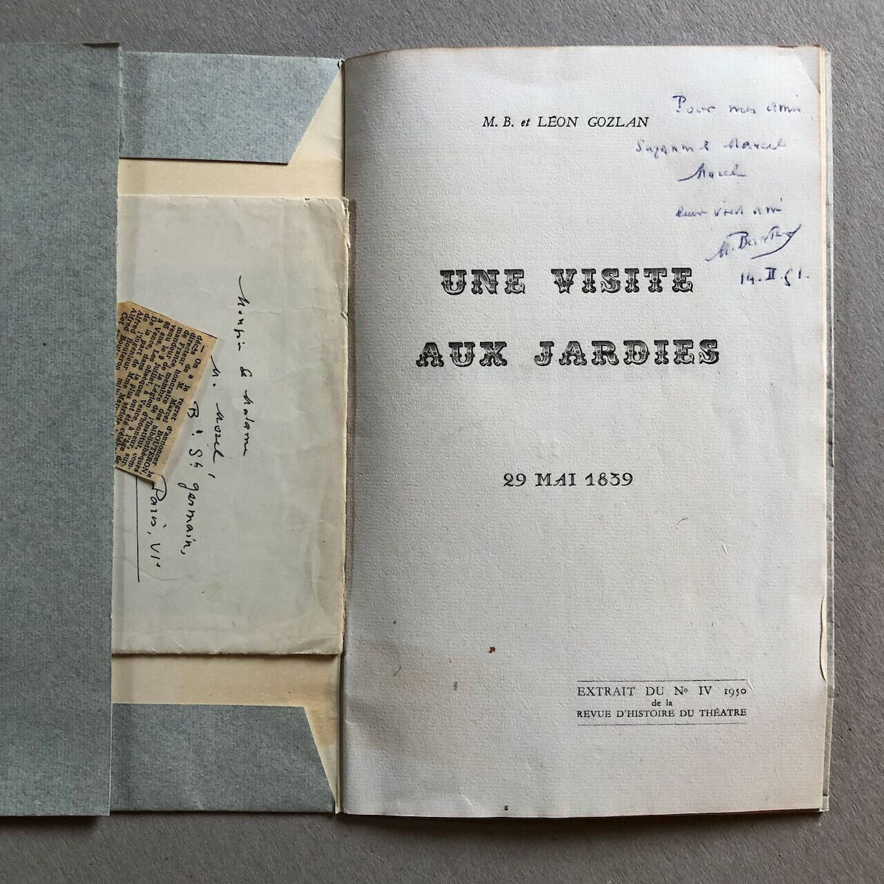 Léon Gozlan/ Marcel Bouteron — Une Visite aux Jardies — envoi autographe + carte