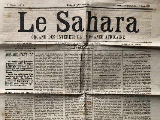 Bimensuel Le Sahara - organe de la France africaine — colonies — n° 2 — 1880.