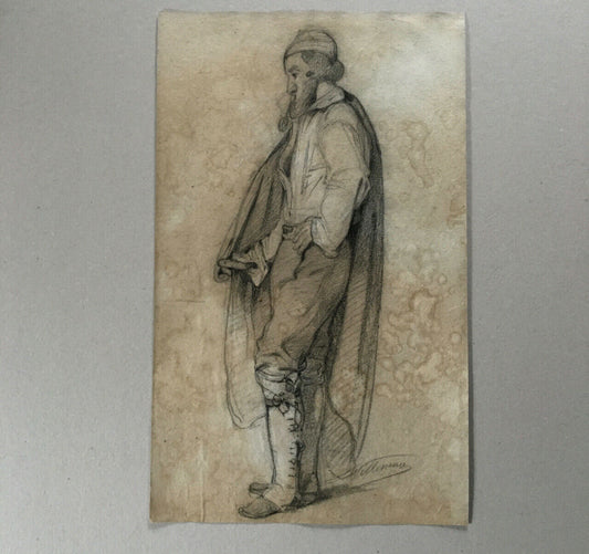 Full-length portrait of a man with a pipe — charcoal signed lower right — 27 x 45 cm.