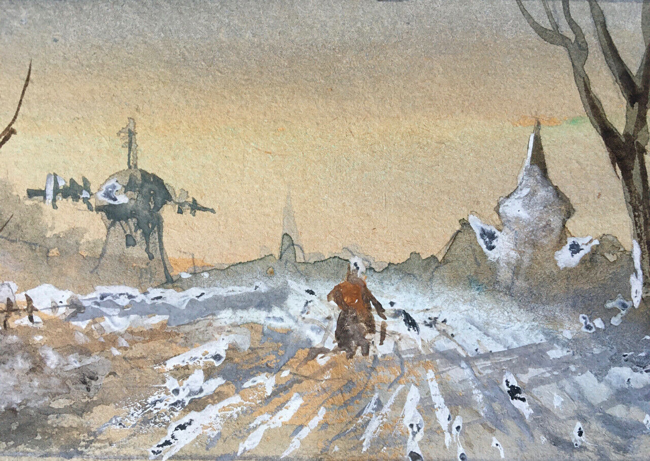 Paysage animé au moulin — aquarelle sur papier réhaussée signée en bas à gauche.
