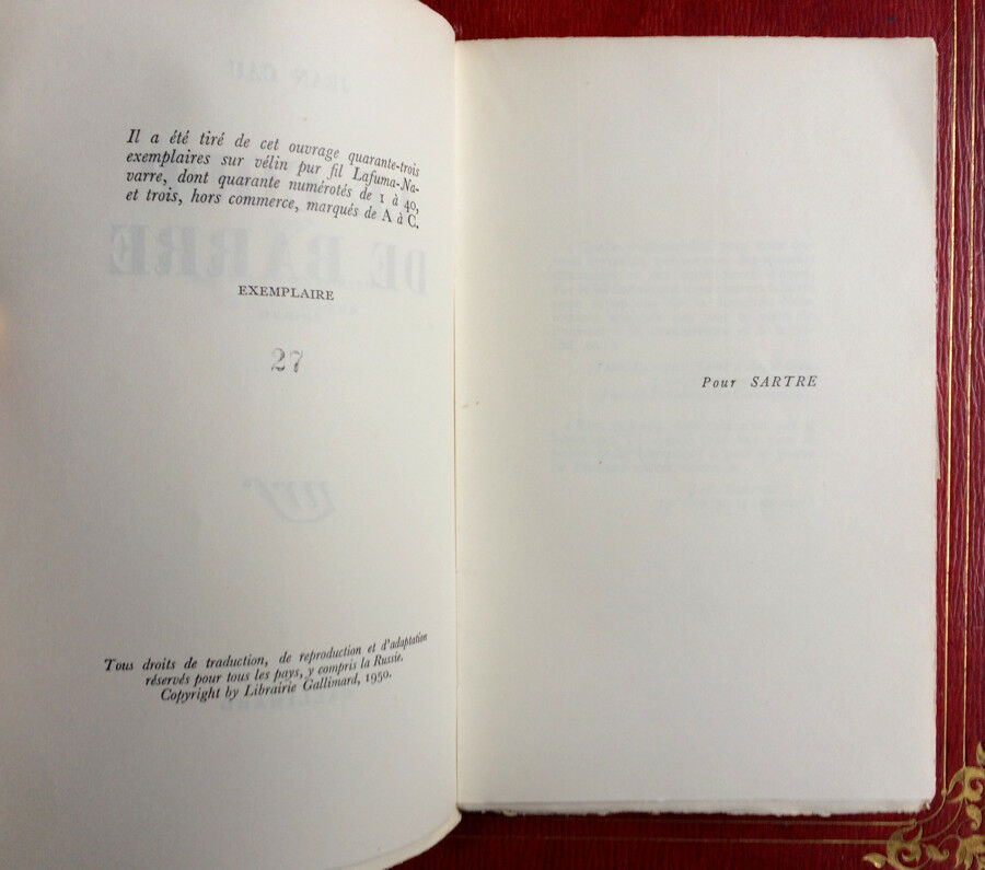 JEAN CAU - LE COUP DE BARRE - ÉDITION ORIGINALE - N° 27/43 - GALLIMARD - 1950.