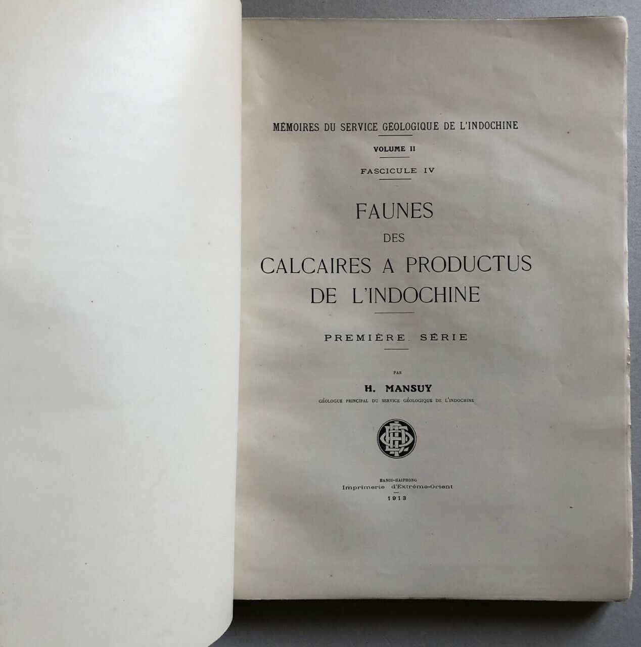 Henri Mansuy — Faunes des calcaires à productus de l'Indochine — Hanoï — 1913.
