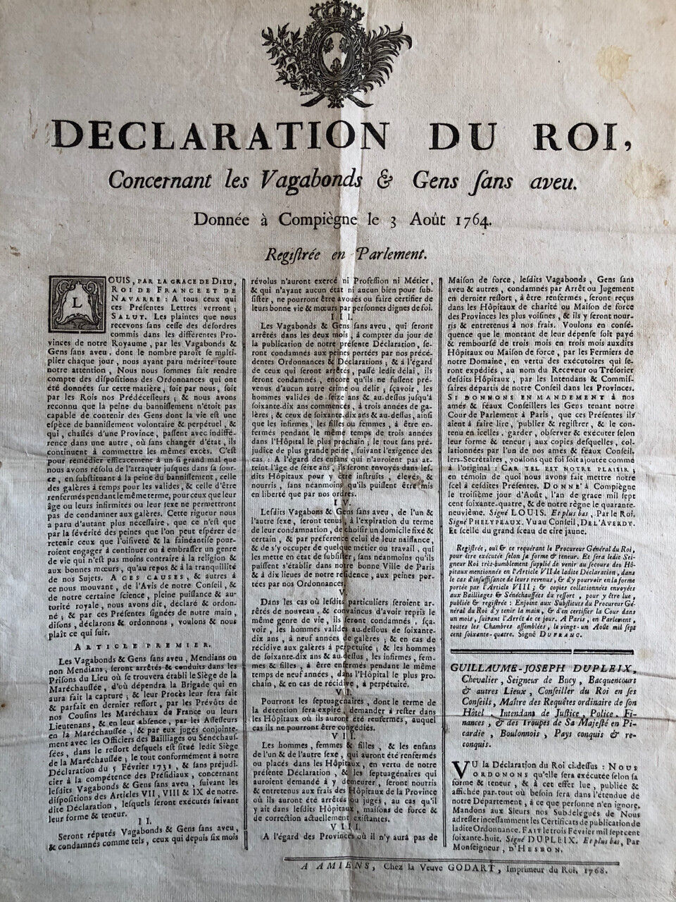 Déclaration du Roi concernant les vagabonds & gens sans aveu — Compiègne — 1768
