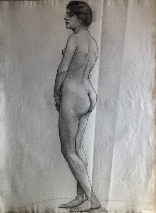 Nu féminin de 3/4 dos — fusain sur papier — 62 x 47,5 cm.