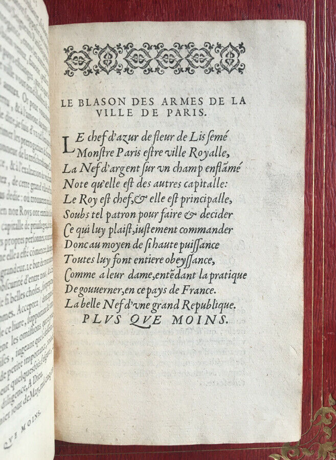 G. CORROZET - LES ANTIQUITÉS CHRONIQUES ET SINGULARITÉS DE PARIS - BONFONS 1586