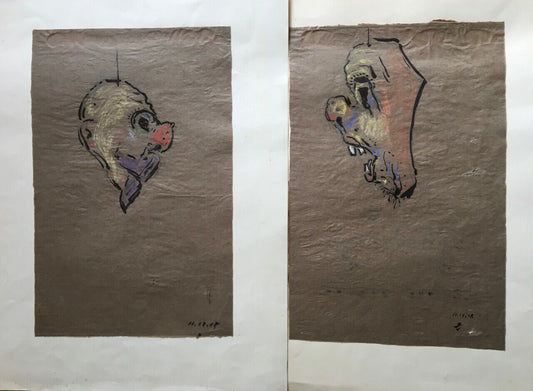 Zeiger — pair of grotesque masks — ink & monogrammed pastel — 1918.