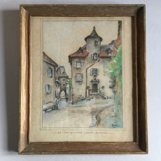 Porte de la Martille in Salers, Auvergne — enhanced charcoal signed lower right.
