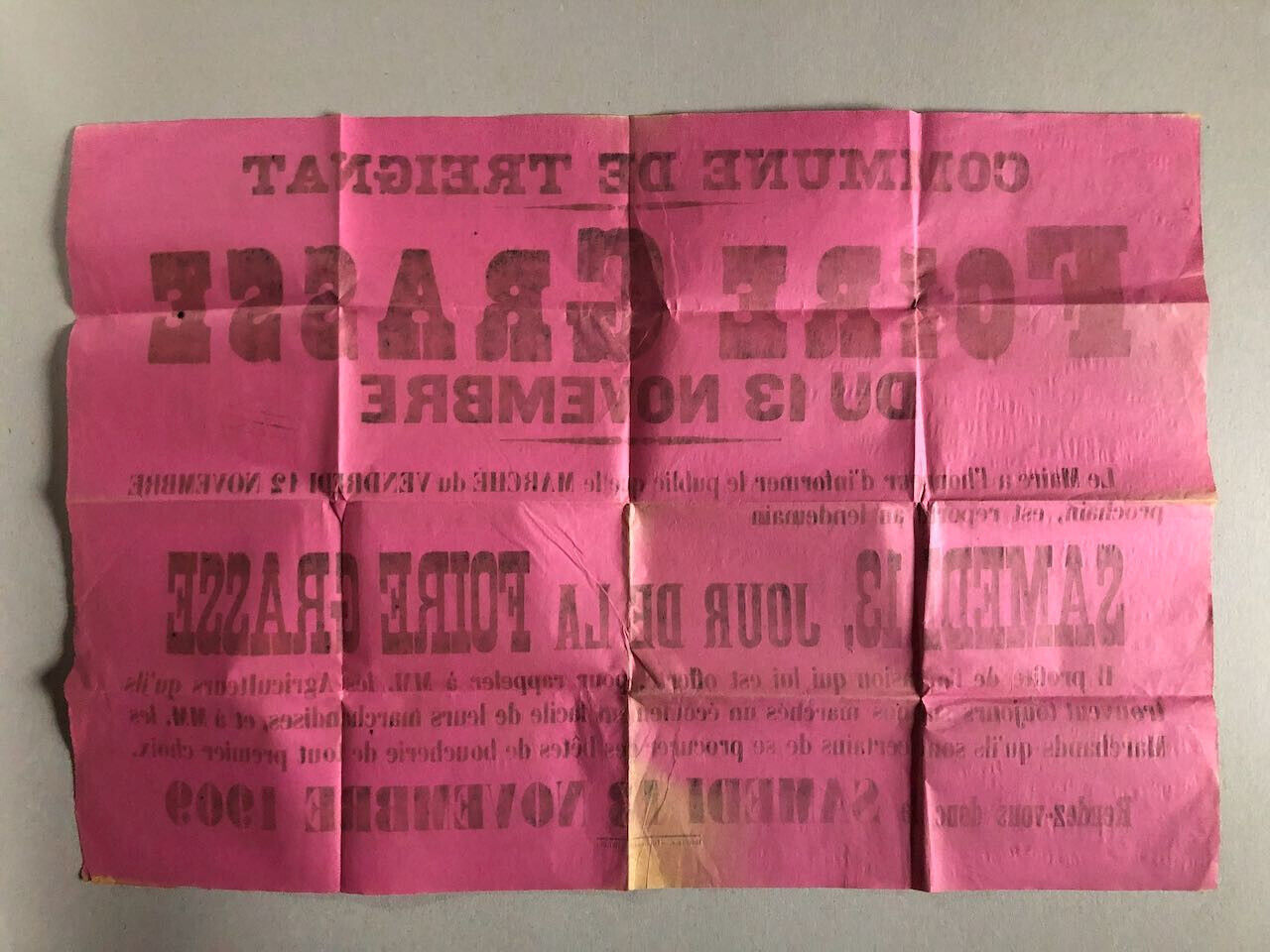 Treignat , Auvergne — Foire grasse — placard publicitaire annonce report — 1909.