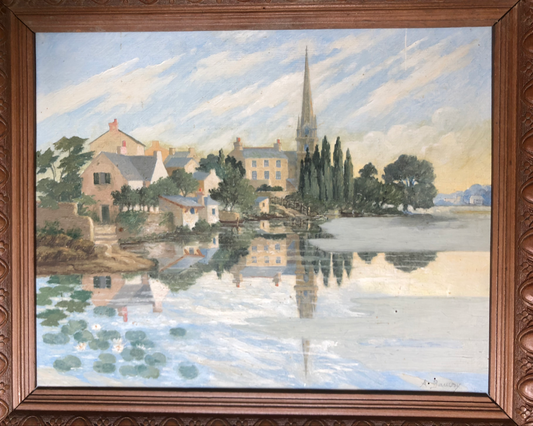 A. Baudry — Vue de Bretagne: Rosporden — huile sur panneau signée — 28 x 35 cm.