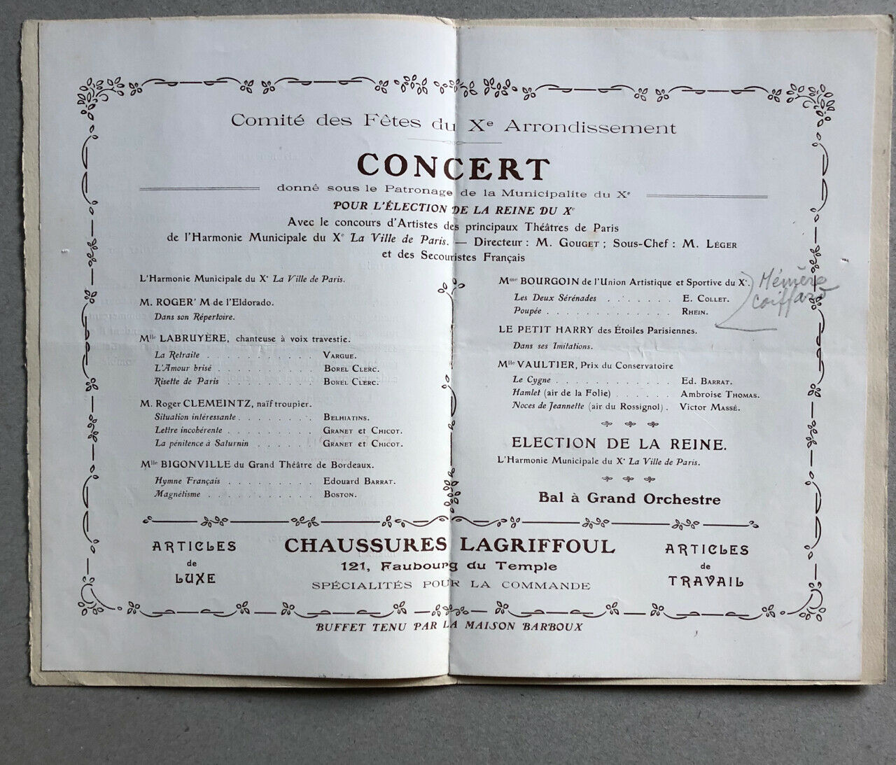Programme concert & bal — Élection de la reine du Xe — comité des fêtes — 1913.