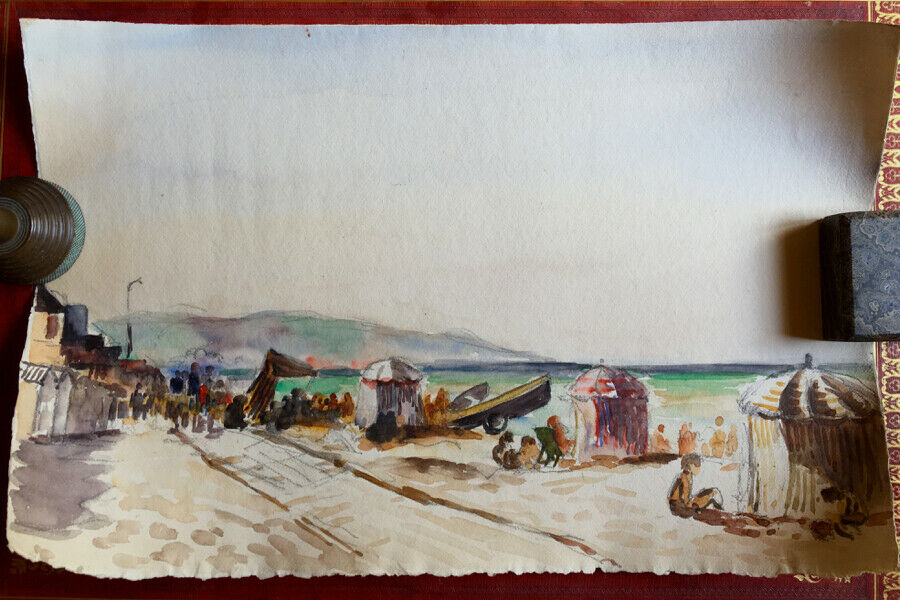 PLAGE ANIMÉE ET CABINES - AQUARELLE SUR PAPIER - XXème.