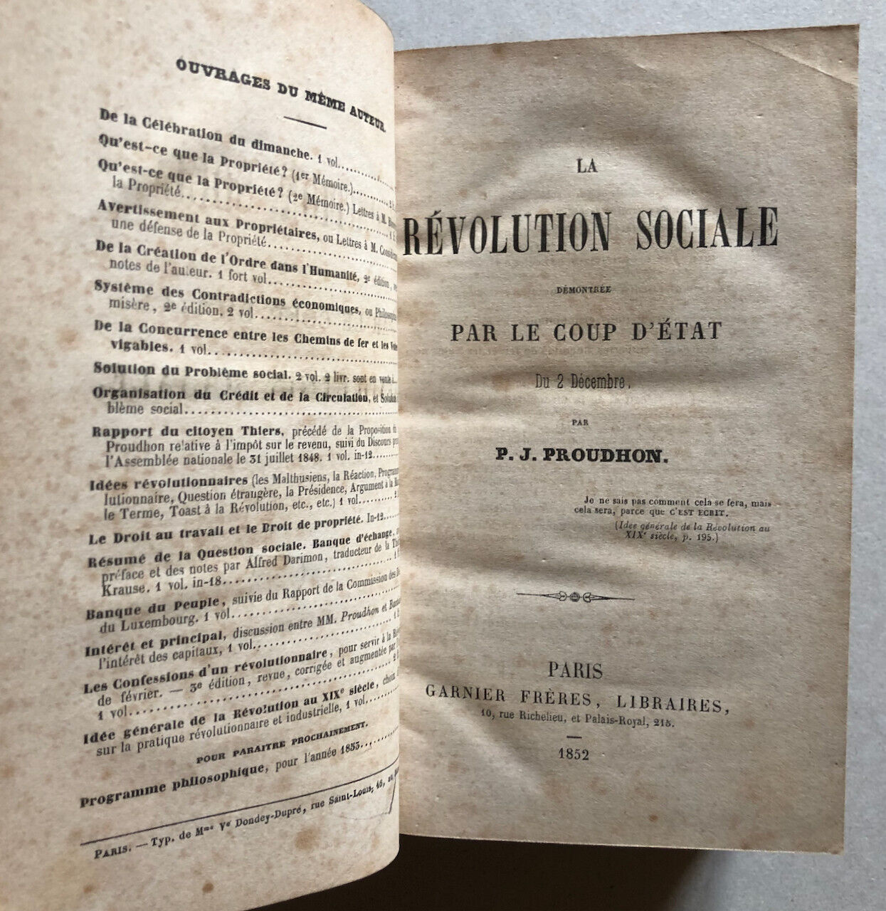 Proudhon — La Révolution sociale + Veuve d'un soldat +3 — é.o. — Garnier — 1852.