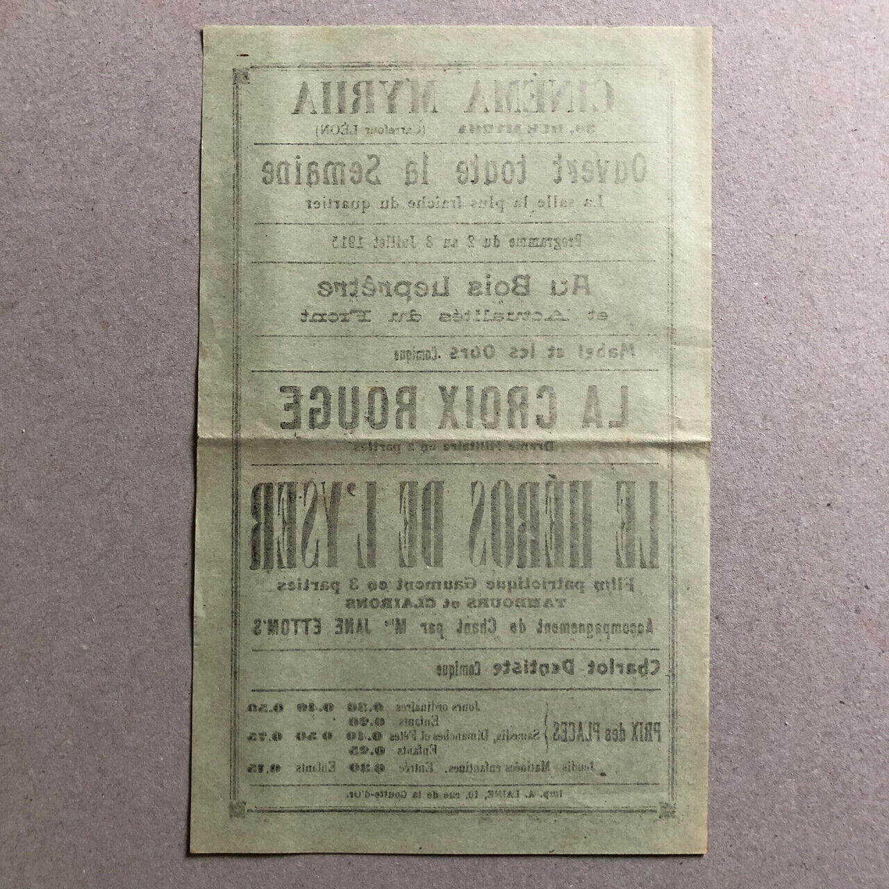 Cinéma Myrha — programme de cinéma / flyer — Charlot dentiste — juillet 1915.