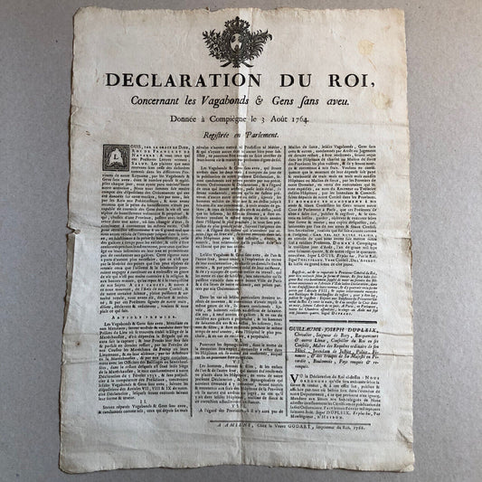 Declaration of the King concerning vagrants & people without a confession — Compiègne — 1768