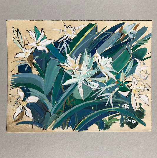 M.G. — Fleurs, Lys — gouache et encre sur papier monogrammé en bas à droite.