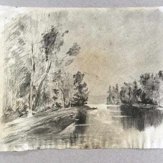 Animated river landscape — charcoal drawing on Sennelier laid paper — 48x29 cm.