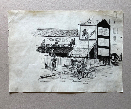 Excelsior cycle factory — bicycles, motorcycles — signed ink drawing