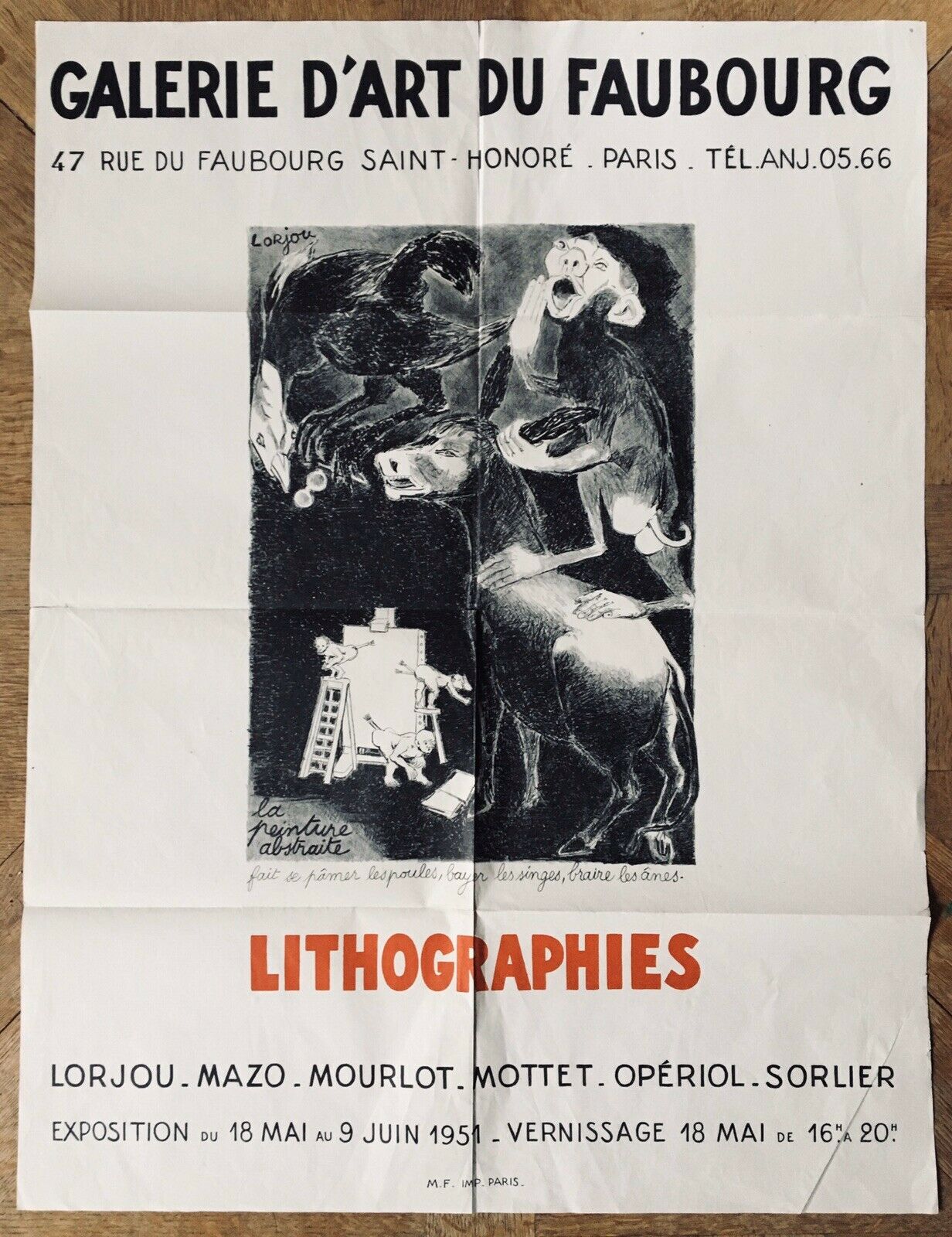 LORJOU, MOURLOT, SORLIER - FAUBOURG ART GALLERY - ORIGINAL POSTER - 1951.