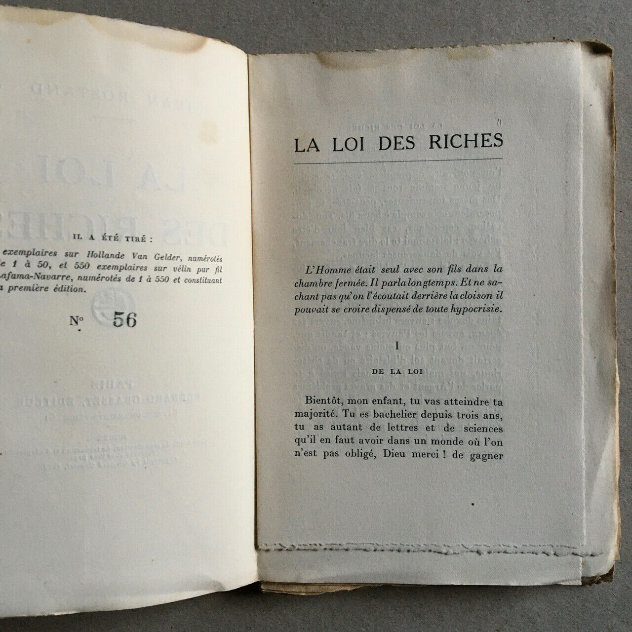 Jean Rostand — La Loi des riches — É.O. — ex. n°/ Lafuma — Grasset — 1920.