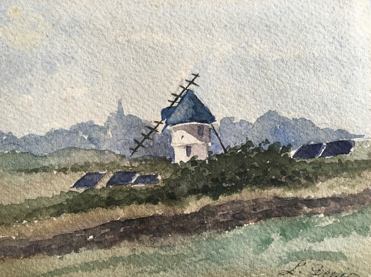 Léonie Denis — Moulin du Bourg de Batz — aquarelle sur papier signée en bas.