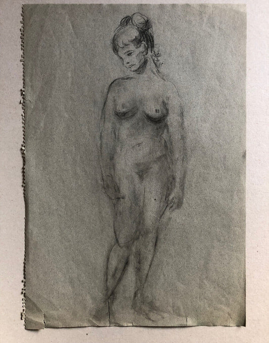 Female nude — academic charcoal drawing on a gray notebook page — 44x30 cm