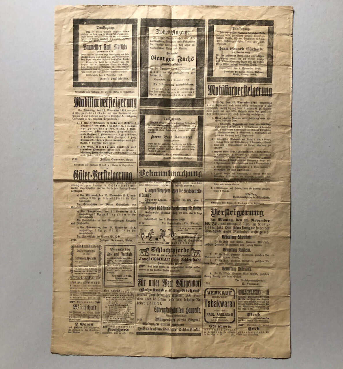 Schlettstadter tageblatt — quotidien allemand — La fin de la guerre 9 nov. 1918.