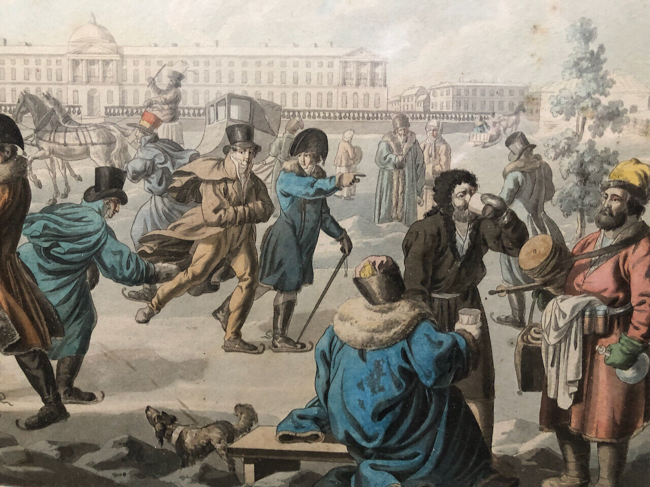 D'après E. Karnejeff — Les Patineurs sur la Newa (Neva) — aquatinte couleur 1812