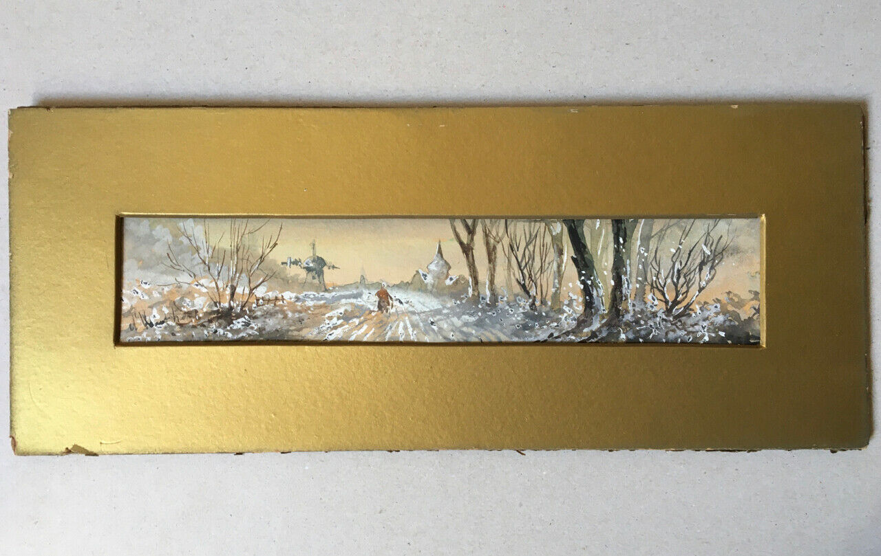 Paysage animé au moulin — aquarelle sur papier réhaussée signée en bas à gauche.