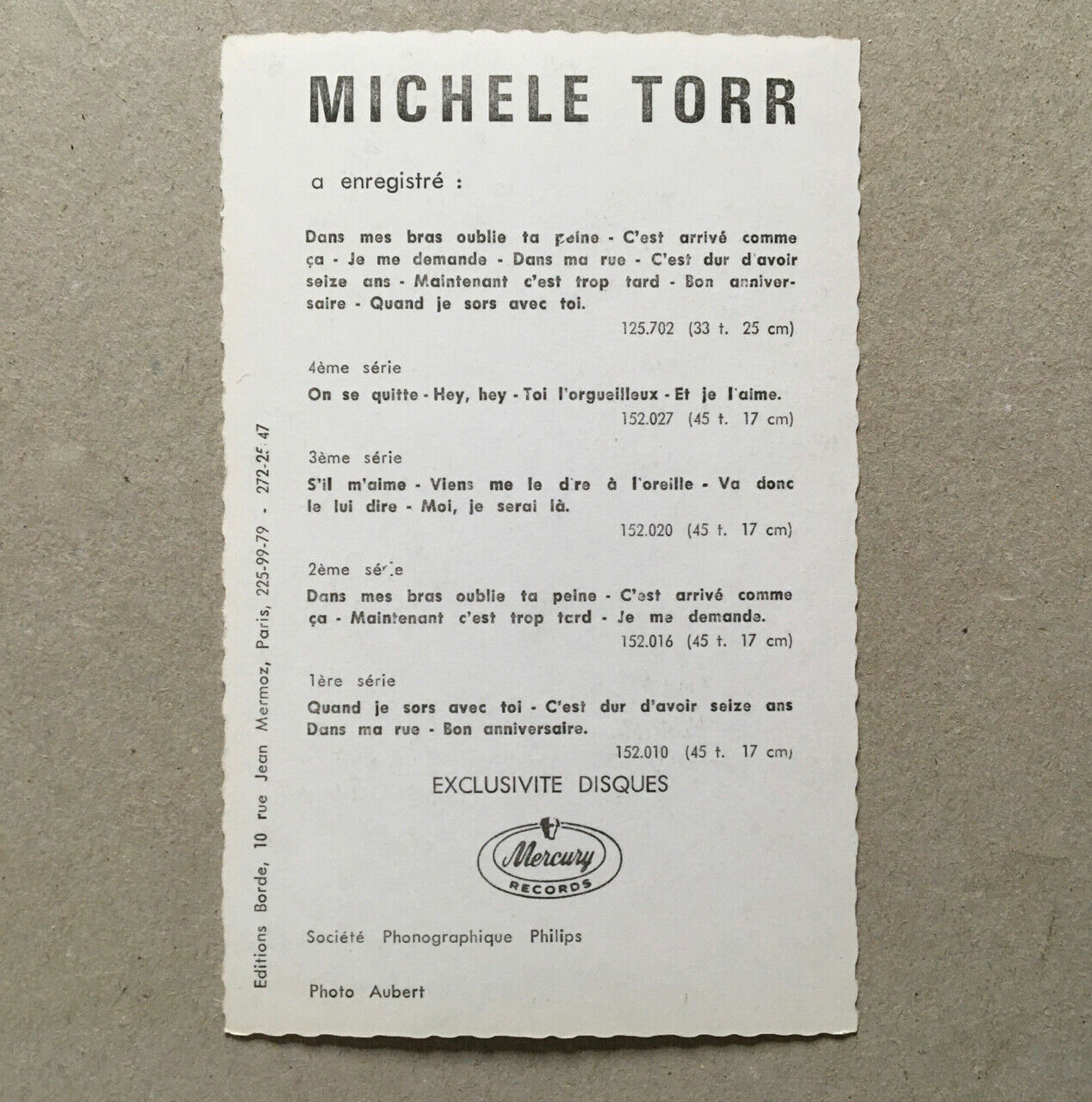 Michèle Torr — carte photo dédicacée — photo Aubert pour Mercury — circa 1965.