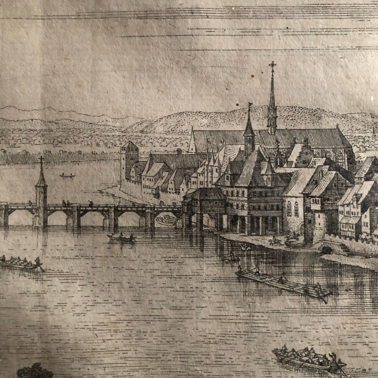 Matthäus Merian — Vue du Pont du Rhin & de la cathédrale à Bâle — circa 1660.