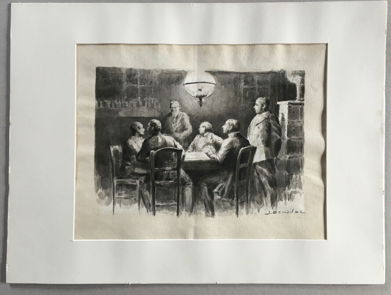Jules Delonde — Les joueurs de carte — lavis signé en bas à droite — circa 1900.