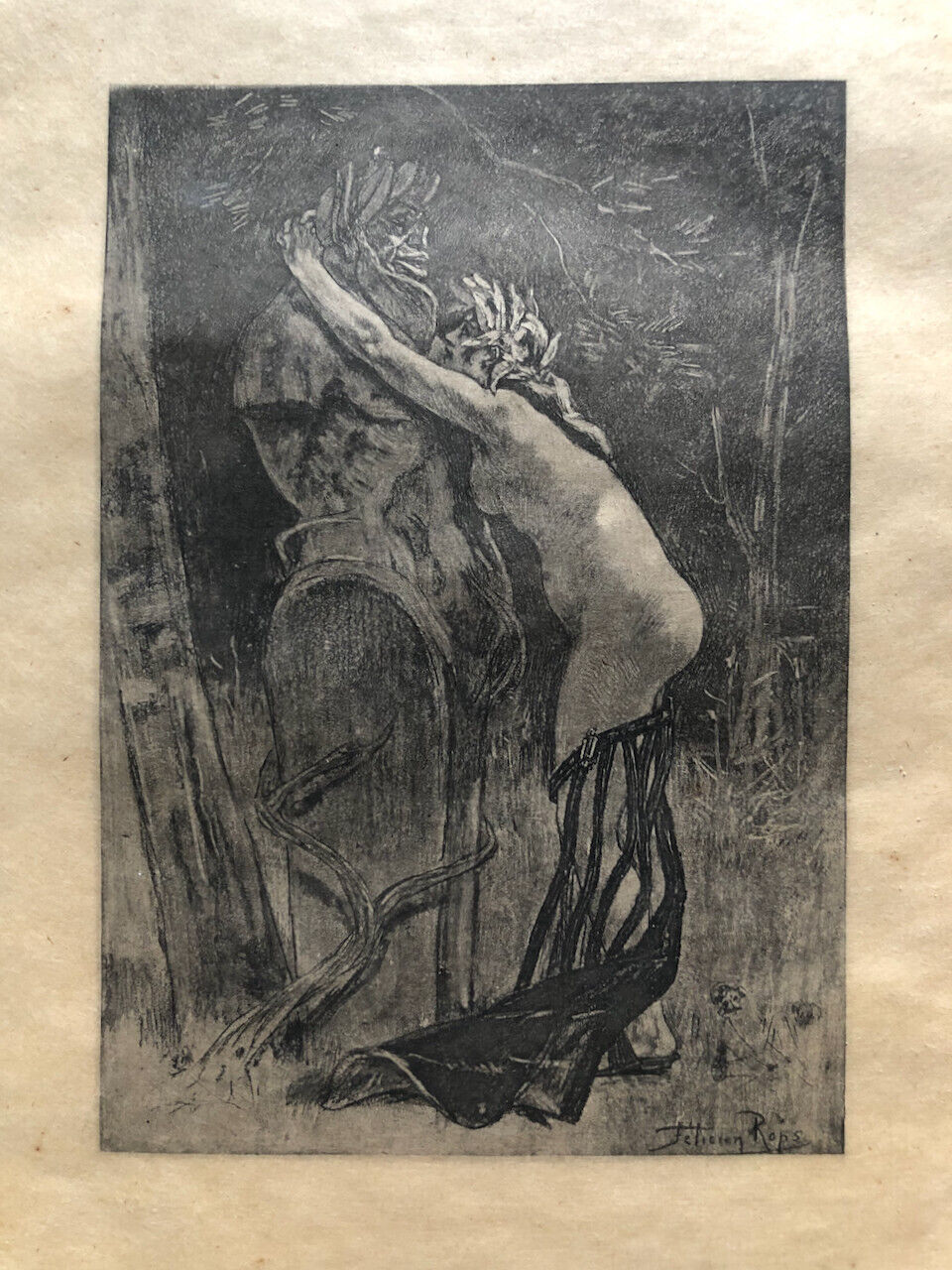 Félicien Rops — Hommage à Pan - La Curieuse — héliogravure sur Japon