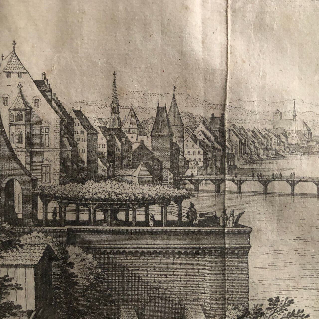Matthäus Merian — Vue du Pont du Rhin & de la cathédrale à Bâle — circa 1660.