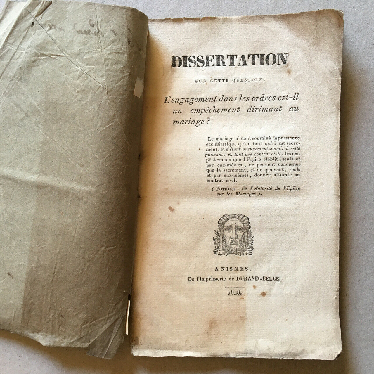 Crémieux, Adolphe — Dissertation sur cette question: L'engagement dans les ordres est-il un empêchement dirimant au mariage? — édition originale — Durand-Belle — 1828