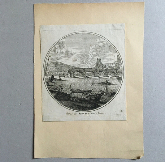 View of stone bridge in Rouen — etching — 15 x 15.5 cm. - vs. 1700.