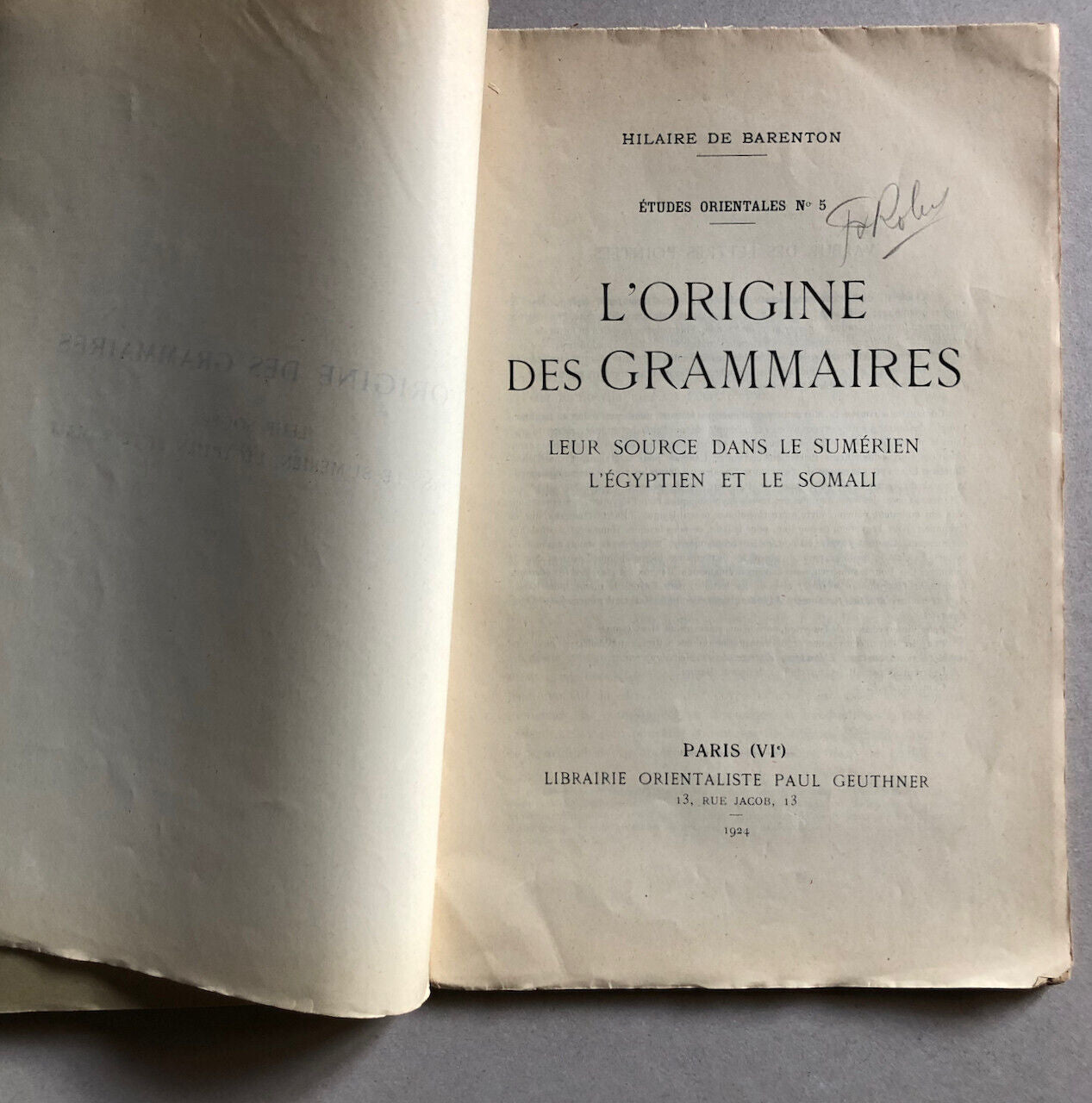 H. de Barenton — L'Origine des grammaires — études orientales — Geuthner — 1925