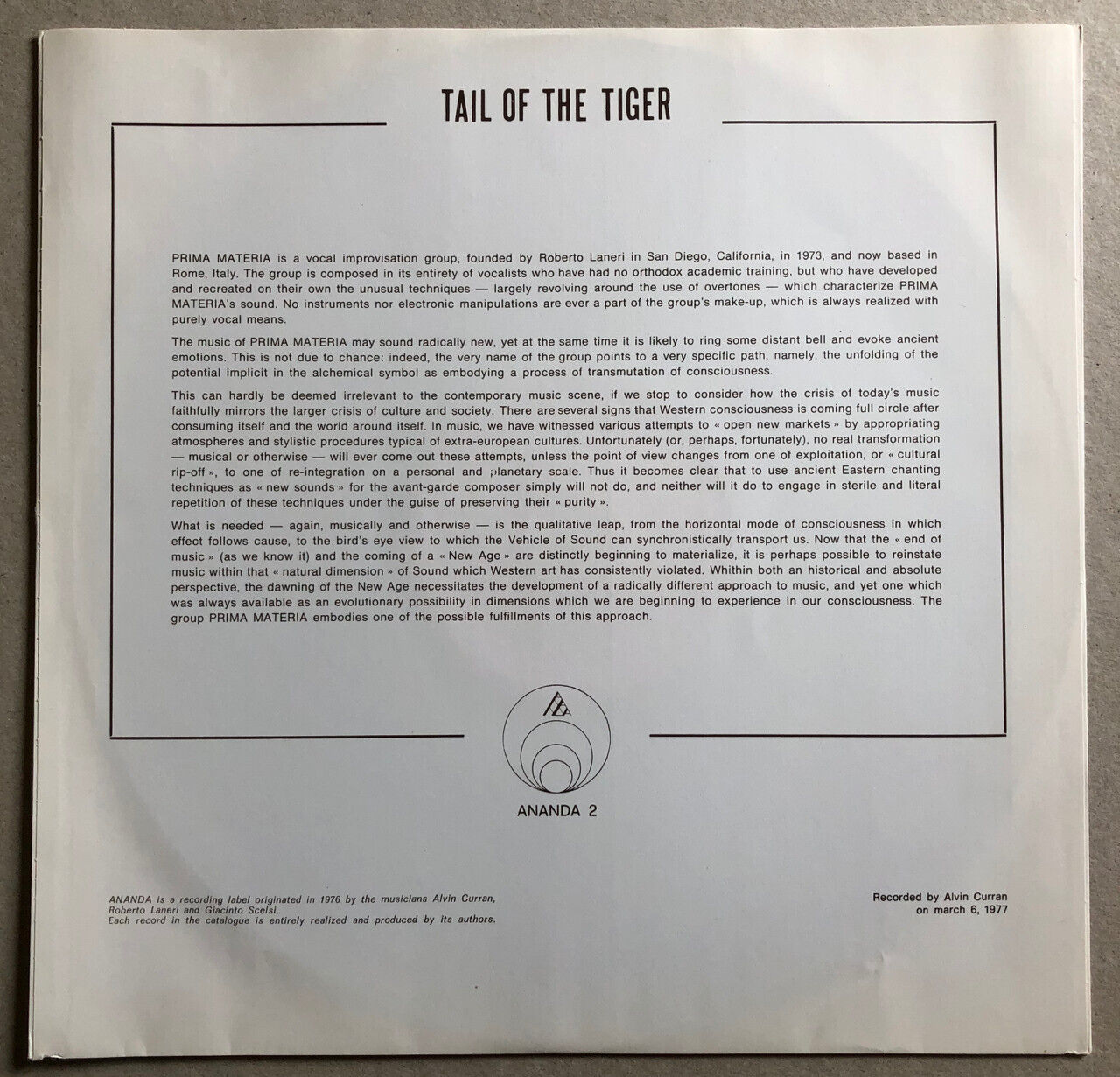 Prima materia — La Coda Della Tigre - Tail Of The Tiger — Ananda n. 2 — 1977.