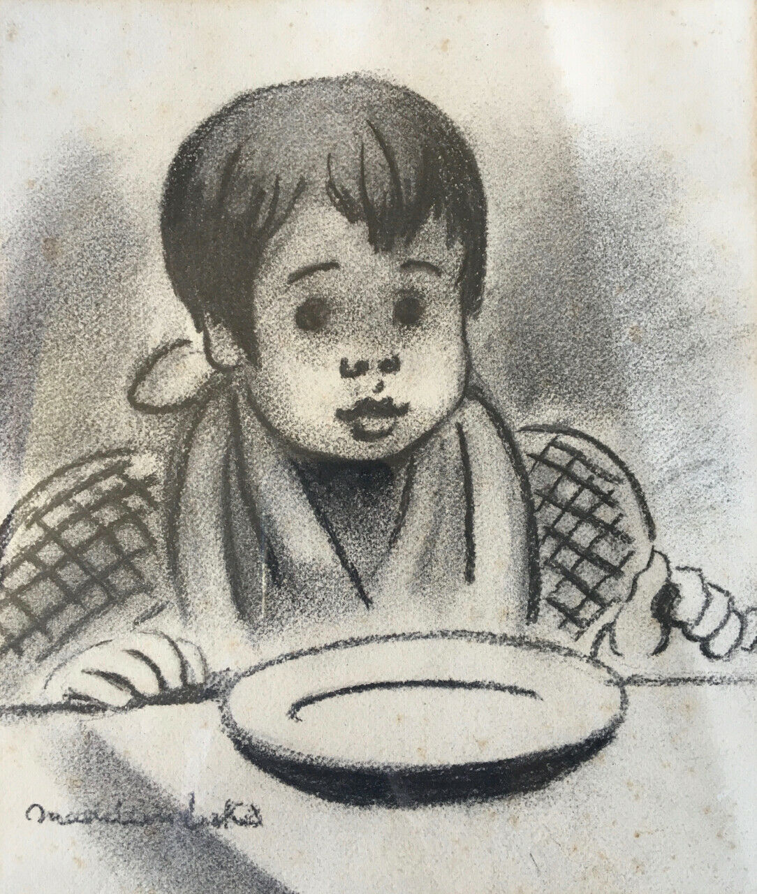 Madeleine Luka — Enfant attablé — fusain sur papier signé en bas à gauche.